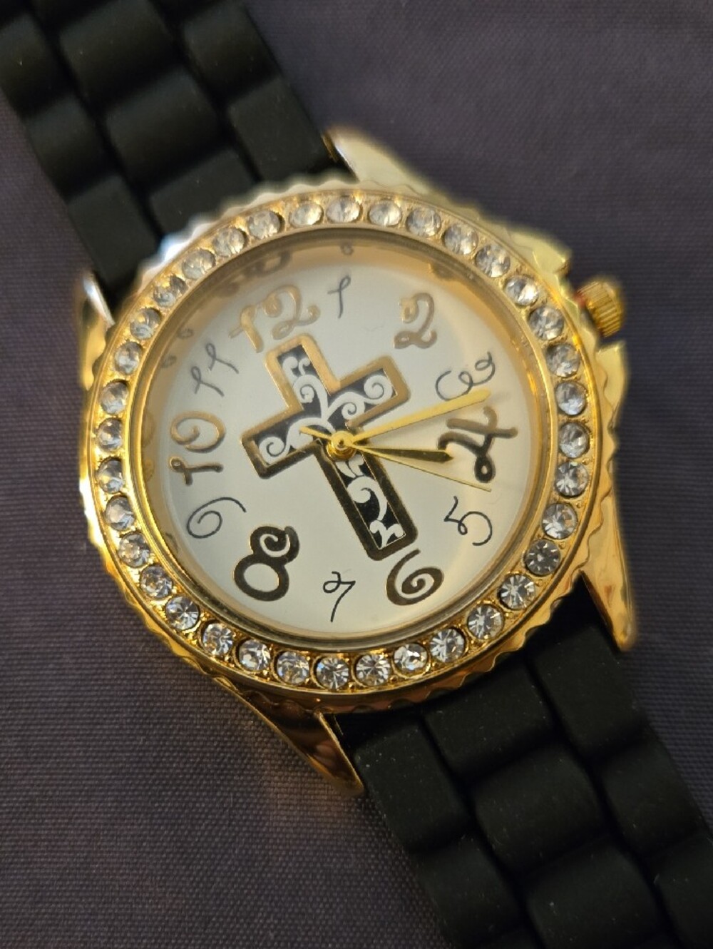 Gold-Tone Analog Watch with Black Silicone Strap